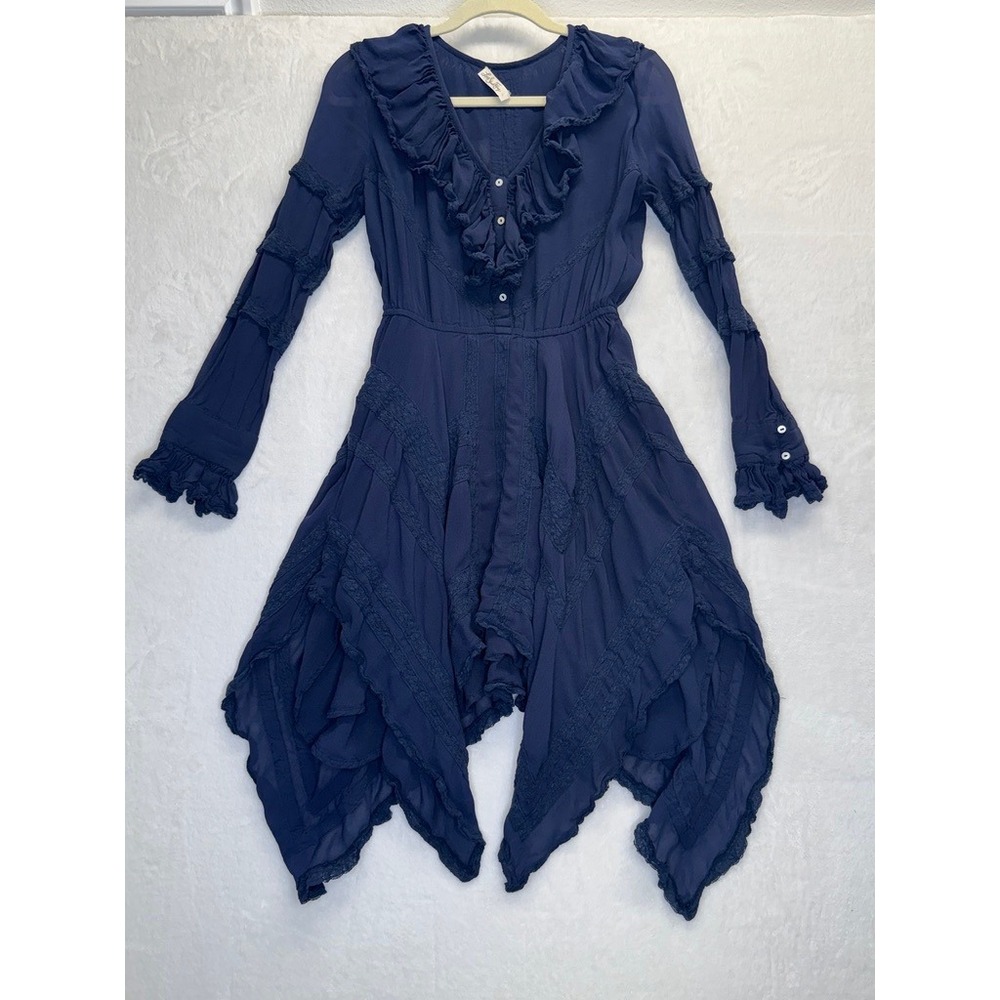 LoveShackFancy Dress Womens M Navy Blue Pre-Owned Ruffle Lace Hem Mini Dress - Picture 2 of 12